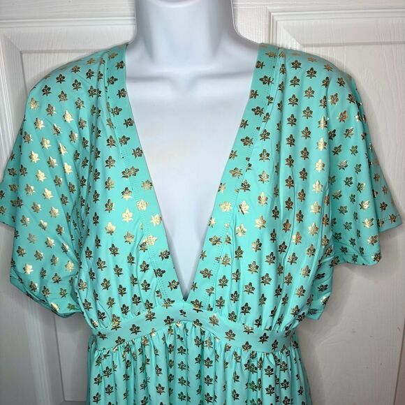 Cabana Life Deep V Flutter Sleeve Maxi Dress Metallic Floral Sea Foam M NWT - Picture 4 of 11